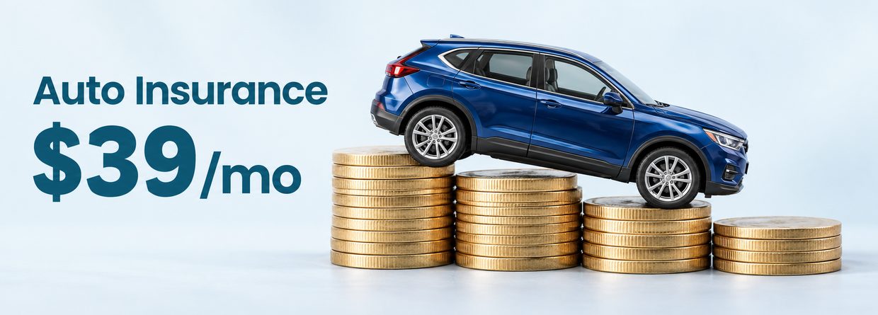 Auto insurance from $39/mo: toy SUV driving down stacks of coins