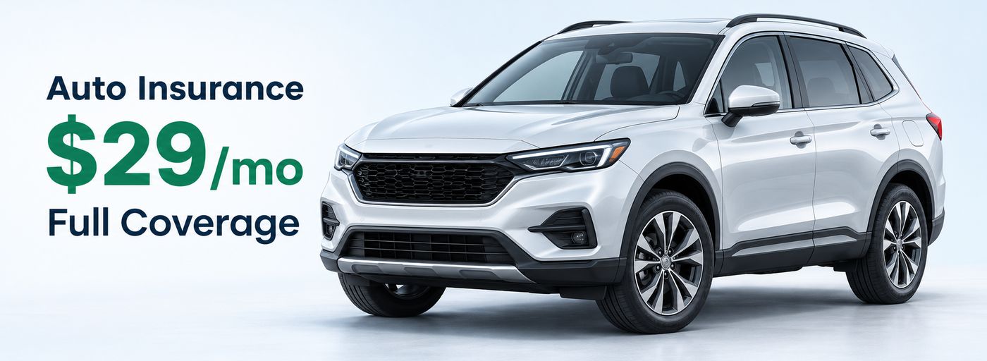 Auto insurance $29/mo full coverage, white SUV