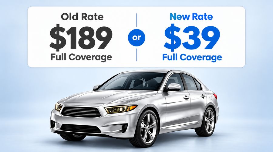Old rate $189 or new rate $39, full coverage, above a silver sedan