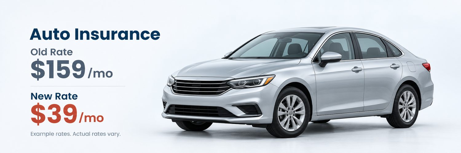 Auto insurance example rates: old rate $159 a month, new rate $39 a month, silver sedan
